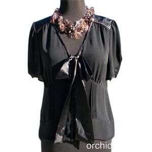 Cache Black Silk Ruched Front Button Self Tie Peek A Boo Sheer Top New $118 NWT